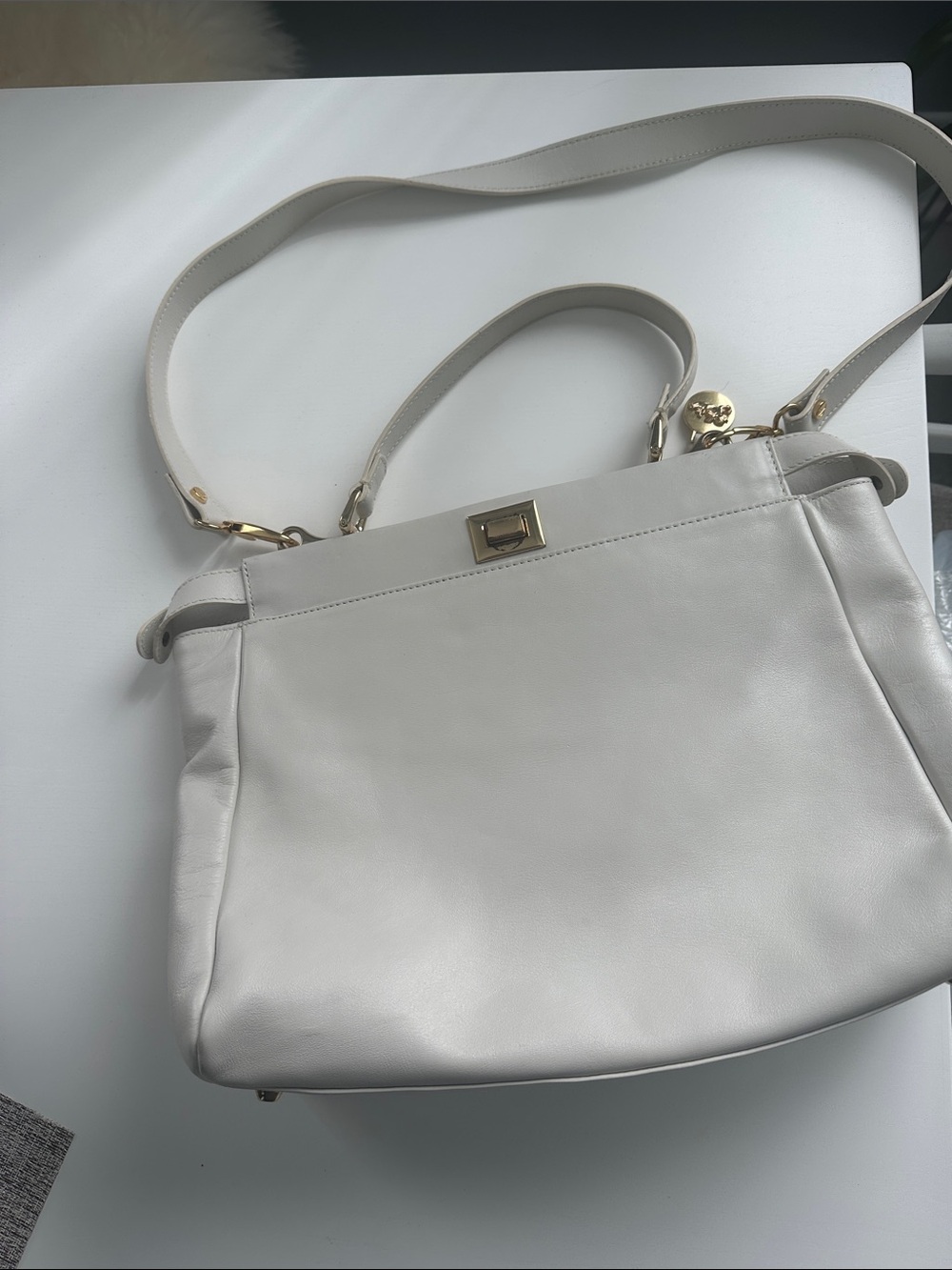 Cream Leather Top-Handle Shoulder Bag